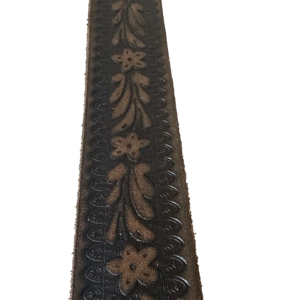 Lucky Brand Brown Tooled Leather Floral Belt with Silver Buckle